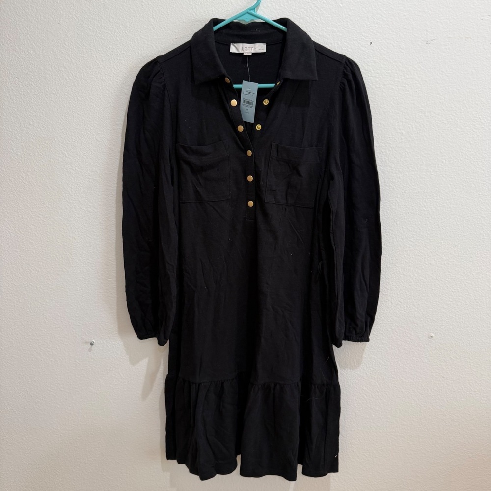 Loft Petites Black Cotton Knit Shirt Dress Gold Buttons Long Sleeve NWT MP